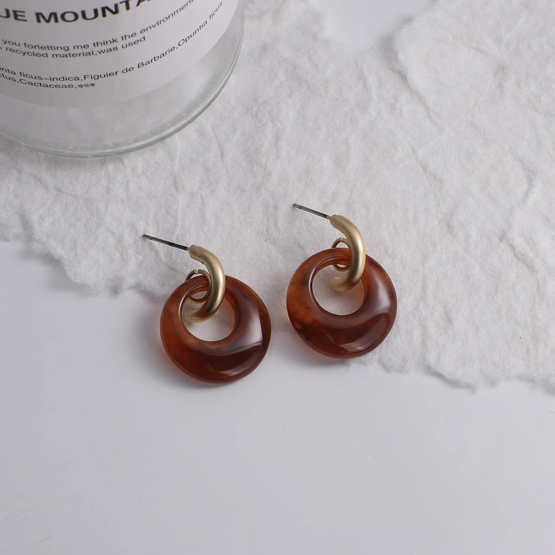 Brincos Artesanais Boémia em Acrílico Castanho Café e Madeira – Estilo Coreano, Jóias Pendentes para Mulher