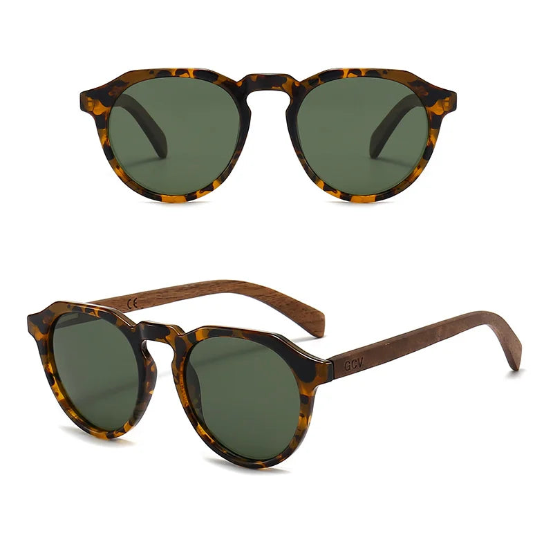 Óculos de Sol GCV em Madeira Nogueira – Estilo Leopardo, Lentes Polarizadas Ultraligeiras Unissexo