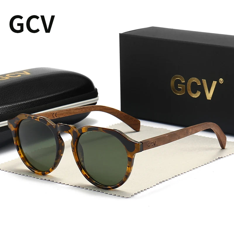 Óculos de Sol GCV em Madeira Nogueira – Estilo Leopardo, Lentes Polarizadas Ultraligeiras Unissexo