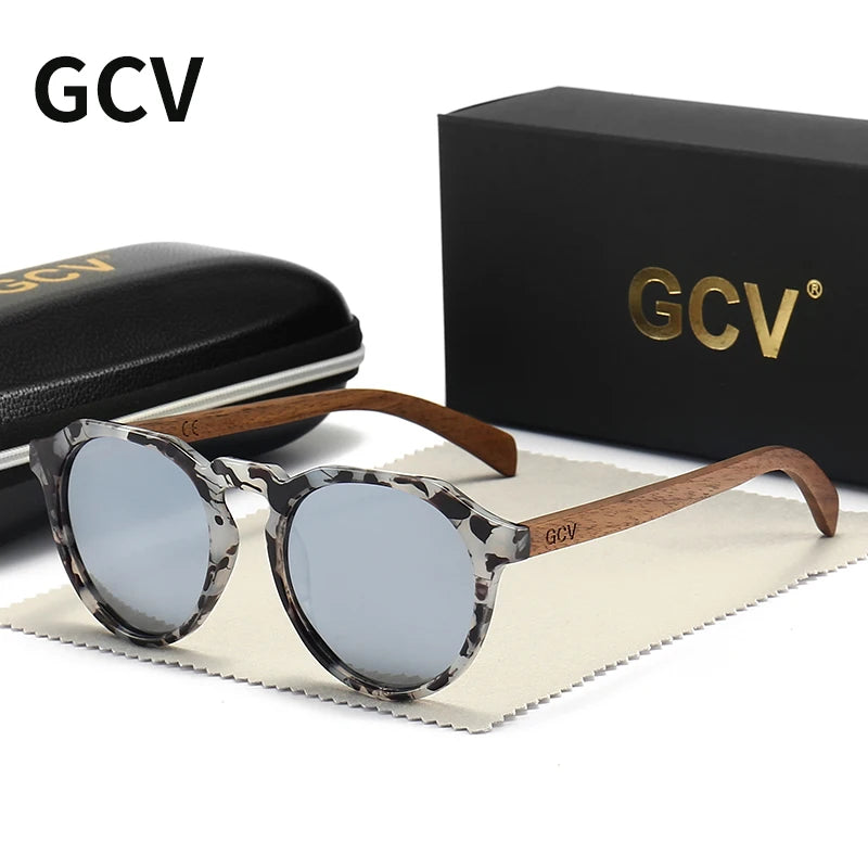 Óculos de Sol GCV em Madeira Nogueira – Estilo Leopardo, Lentes Polarizadas Ultraligeiras Unissexo