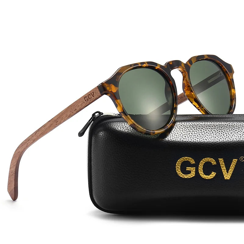 Óculos de Sol GCV em Madeira Nogueira – Estilo Leopardo, Lentes Polarizadas Ultraligeiras Unissexo
