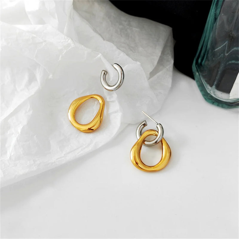 Brincos Retrô Coreanos Geométricos em Dourado e Prateado – Design Irregular Destacável para Mulher
