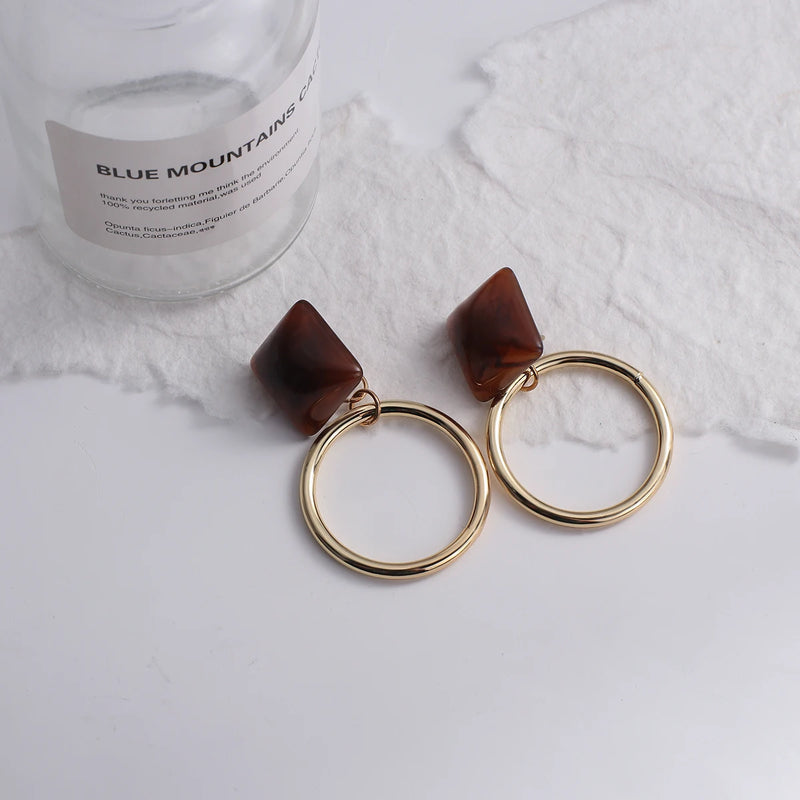 Brincos Artesanais Boémia em Acrílico Castanho Café e Madeira – Estilo Coreano, Jóias Pendentes para Mulher