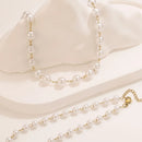 Conjunto 3 Colares Femininos – Aço Inoxidável Dourado com Corrente de Pérolas, Cruz e Elos Cuba