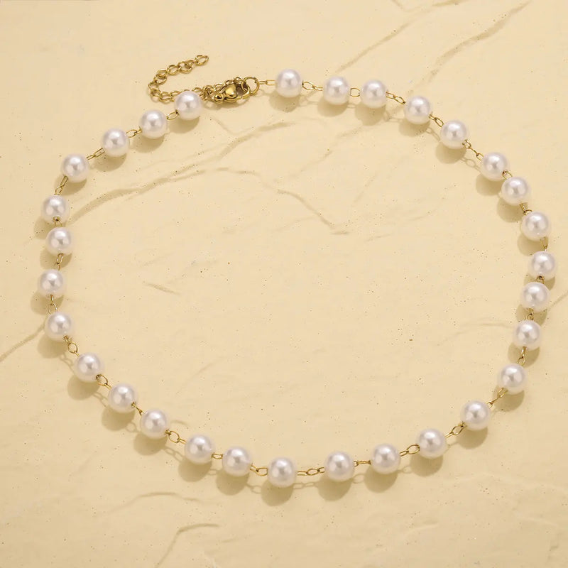 Conjunto 3 Colares Femininos – Aço Inoxidável Dourado com Corrente de Pérolas, Cruz e Elos Cuba