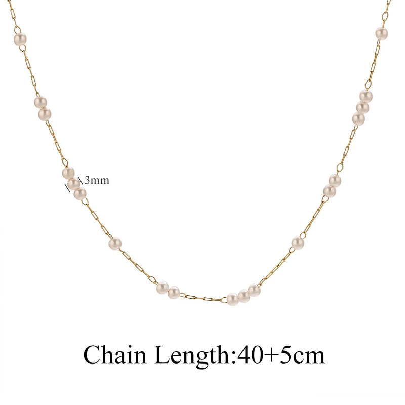 Conjunto 3 Colares Femininos – Aço Inoxidável Dourado com Corrente de Pérolas, Cruz e Elos Cuba