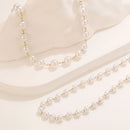 Conjunto 3 Colares Femininos – Aço Inoxidável Dourado com Corrente de Pérolas, Cruz e Elos Cuba