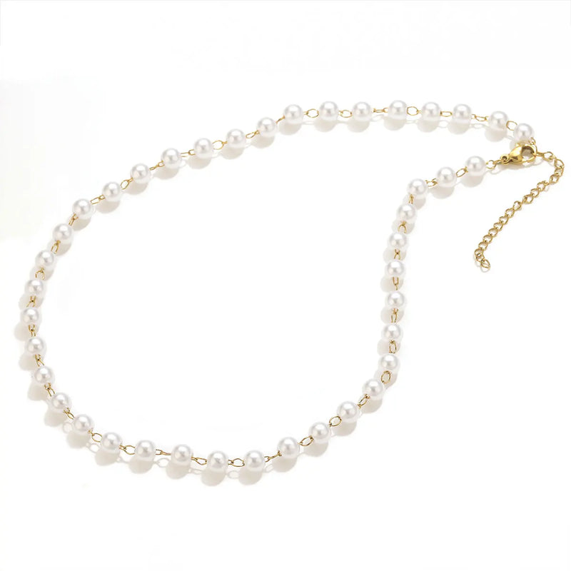 Conjunto 3 Colares Femininos – Aço Inoxidável Dourado com Corrente de Pérolas, Cruz e Elos Cuba