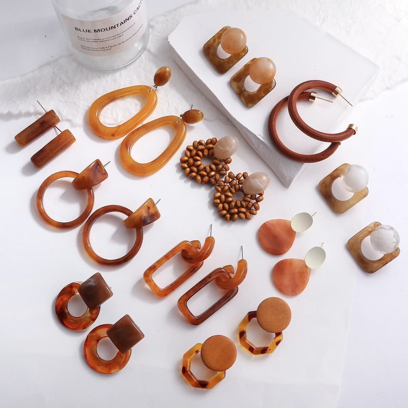 Brincos Artesanais Boémia em Acrílico Castanho Café e Madeira – Estilo Coreano, Jóias Pendentes para Mulher