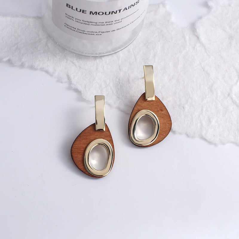 Brincos Artesanais Boémia em Acrílico Castanho Café e Madeira – Estilo Coreano, Jóias Pendentes para Mulher