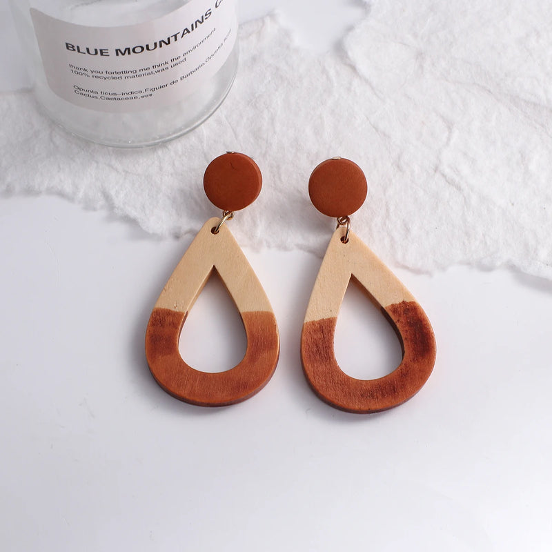Brincos Artesanais Boémia em Acrílico Castanho Café e Madeira – Estilo Coreano, Jóias Pendentes para Mulher