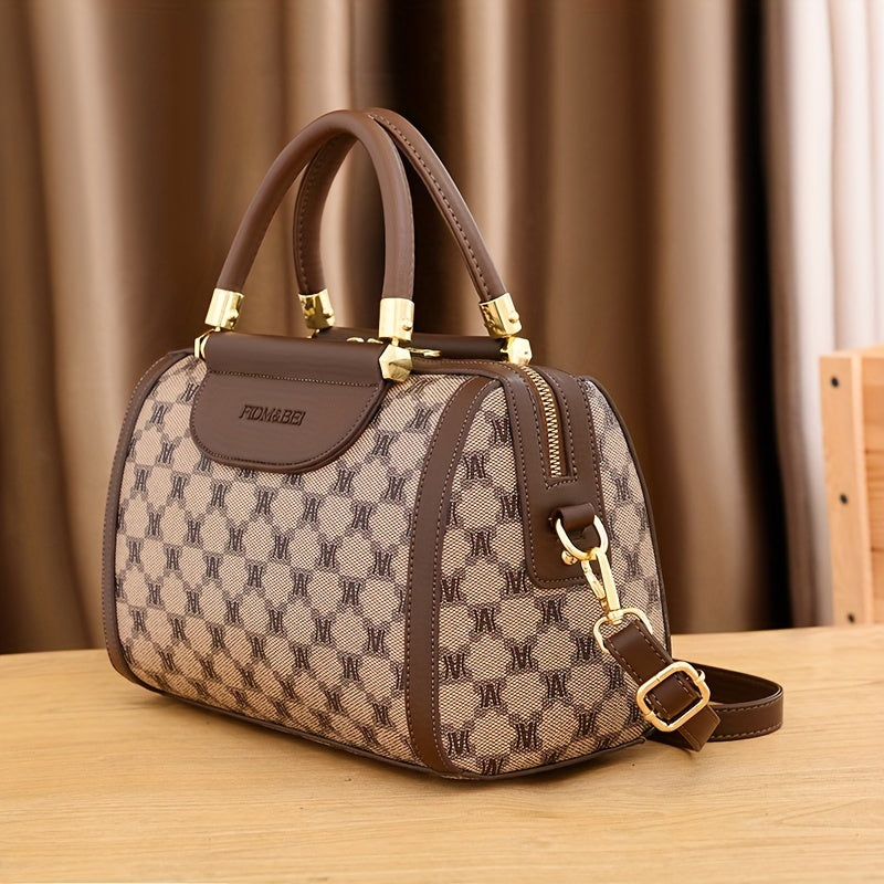 Mala Vintage Xadrez para Mulher – Castanha e Bege com Alça Destacável e Detalhes Dourados