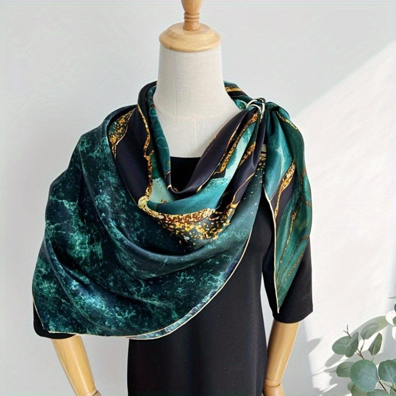 Lenço Quadrado em Seda Natural Aurora – 100% Seda de Amoreira, Padrão Verde, Preto e Dourado, Elegante e Versátil